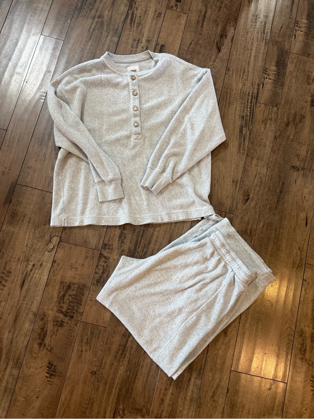 Cozy Grey Matching Set - Long Sleeve Henley Top & Pants